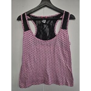 Glam JamzY2K Tank Top Womens Large Pink Polka Dot Lace Back Camisole Lightweight
